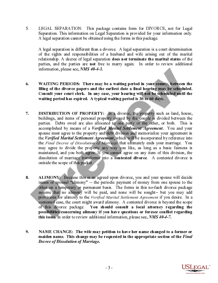 Preview New Mexico No-Fault Agreed Uncontested Divorce Package for Dissolution of Marriage for Persons with No Children with or without Property and Debts