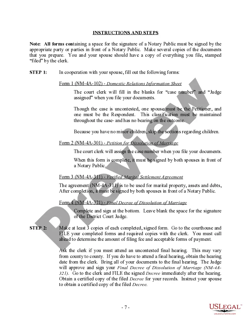 Preview New Mexico No-Fault Agreed Uncontested Divorce Package for Dissolution of Marriage for Persons with No Children with or without Property and Debts