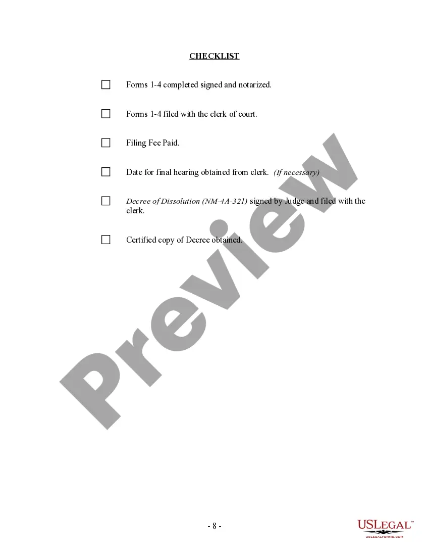 Preview New Mexico No-Fault Agreed Uncontested Divorce Package for Dissolution of Marriage for Persons with No Children with or without Property and Debts