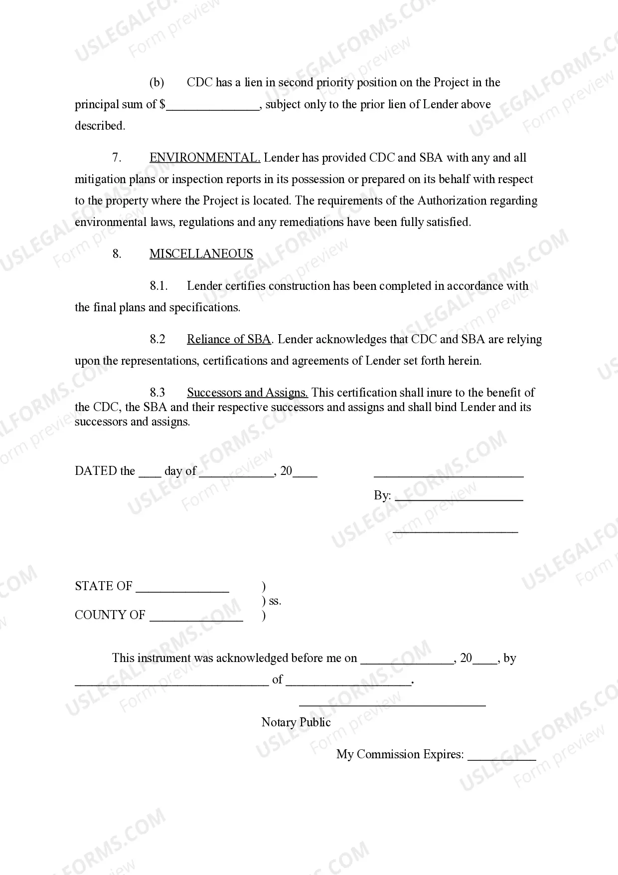 Preview Lender's Certification