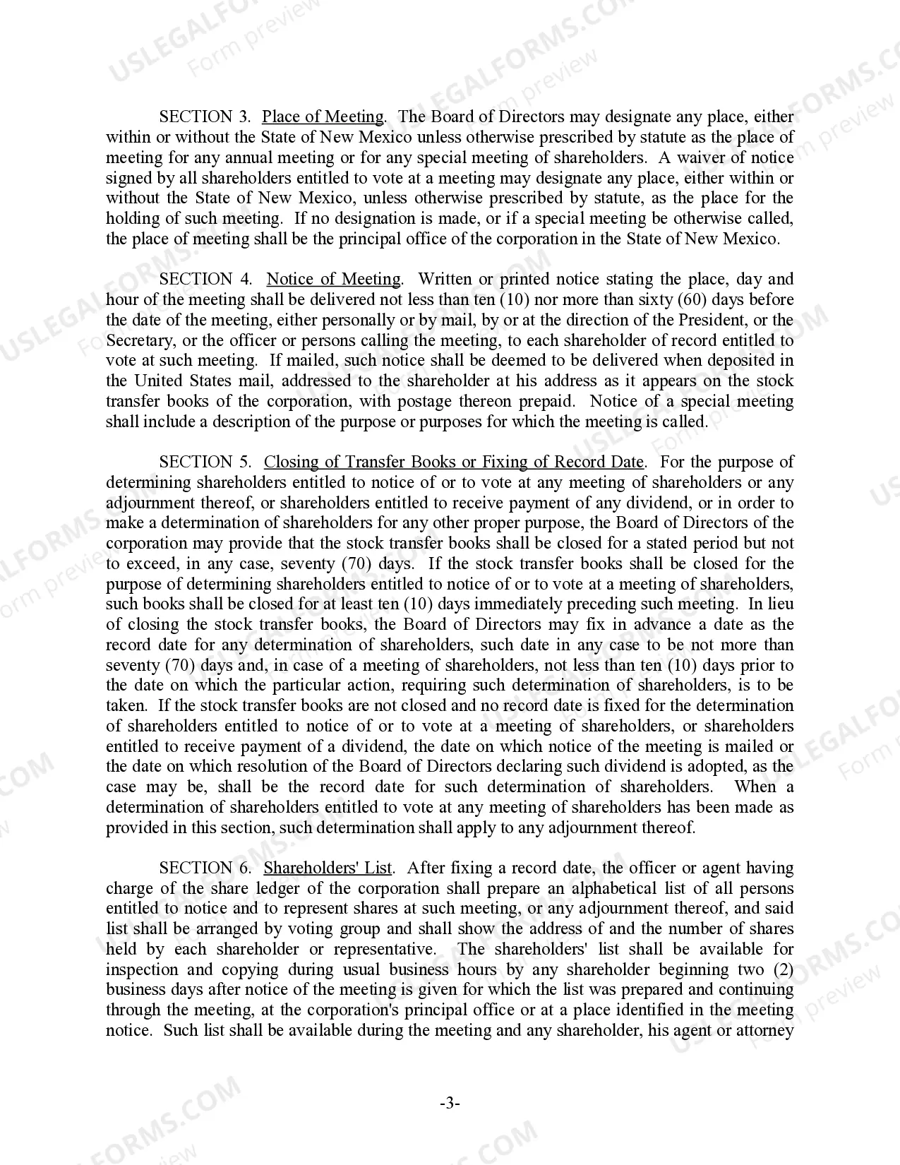 Preview New Mexico Bylaws for Corporation