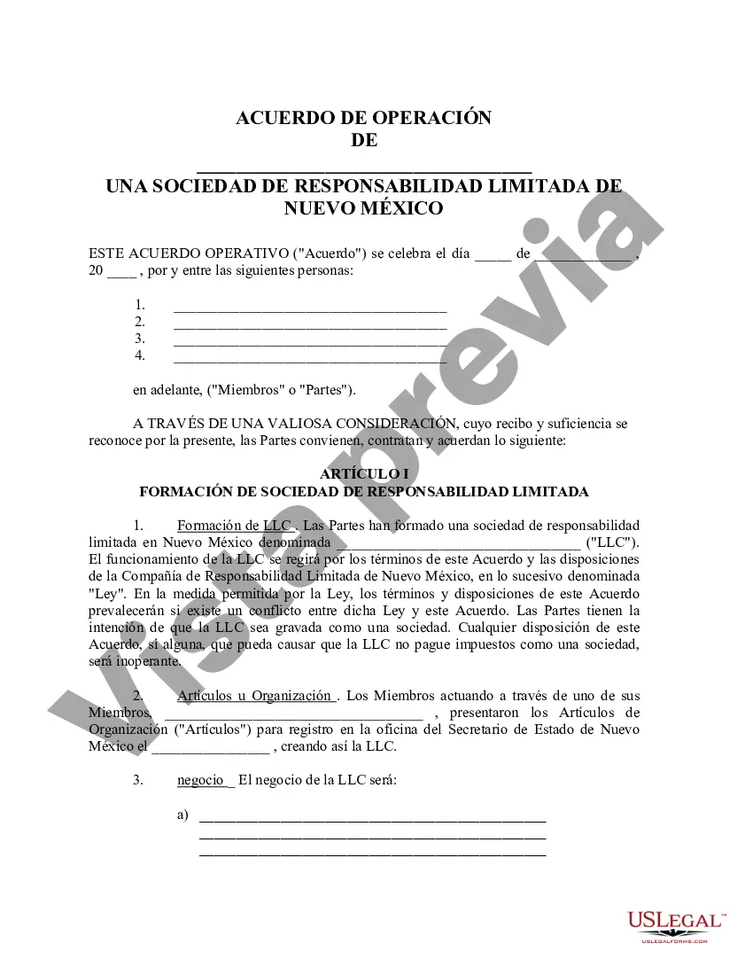 Preview Acuerdo Operativo de Sociedad de Responsabilidad Limitada LLC