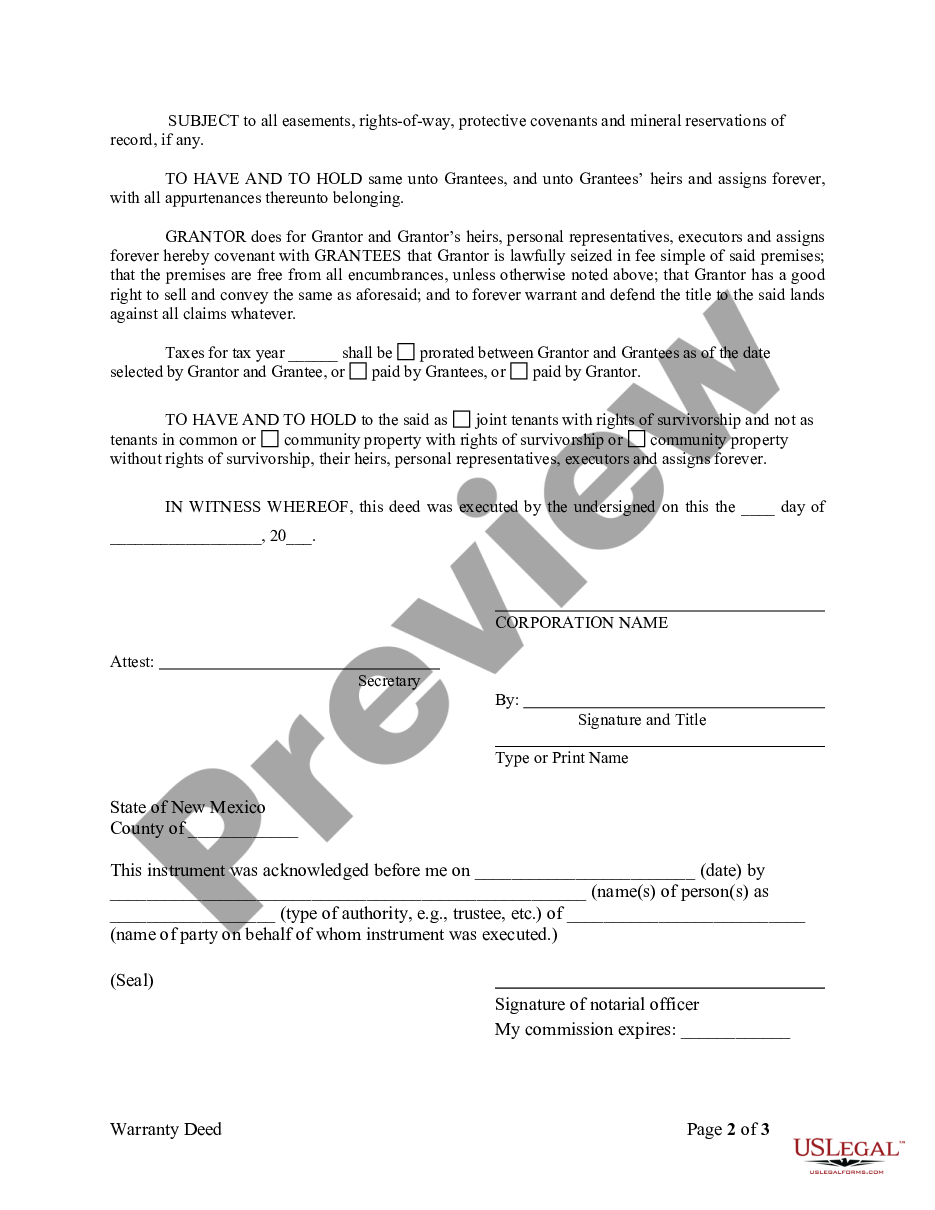 New Mexico Warranty Deed From Corporation To Husband And Wife Us Legal Forms 9048