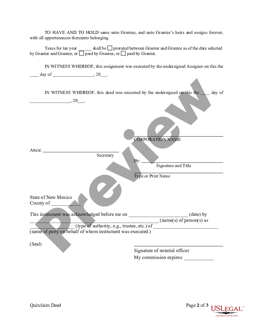 New Mexico Quitclaim Deed from Corporation to Individual | US Legal Forms