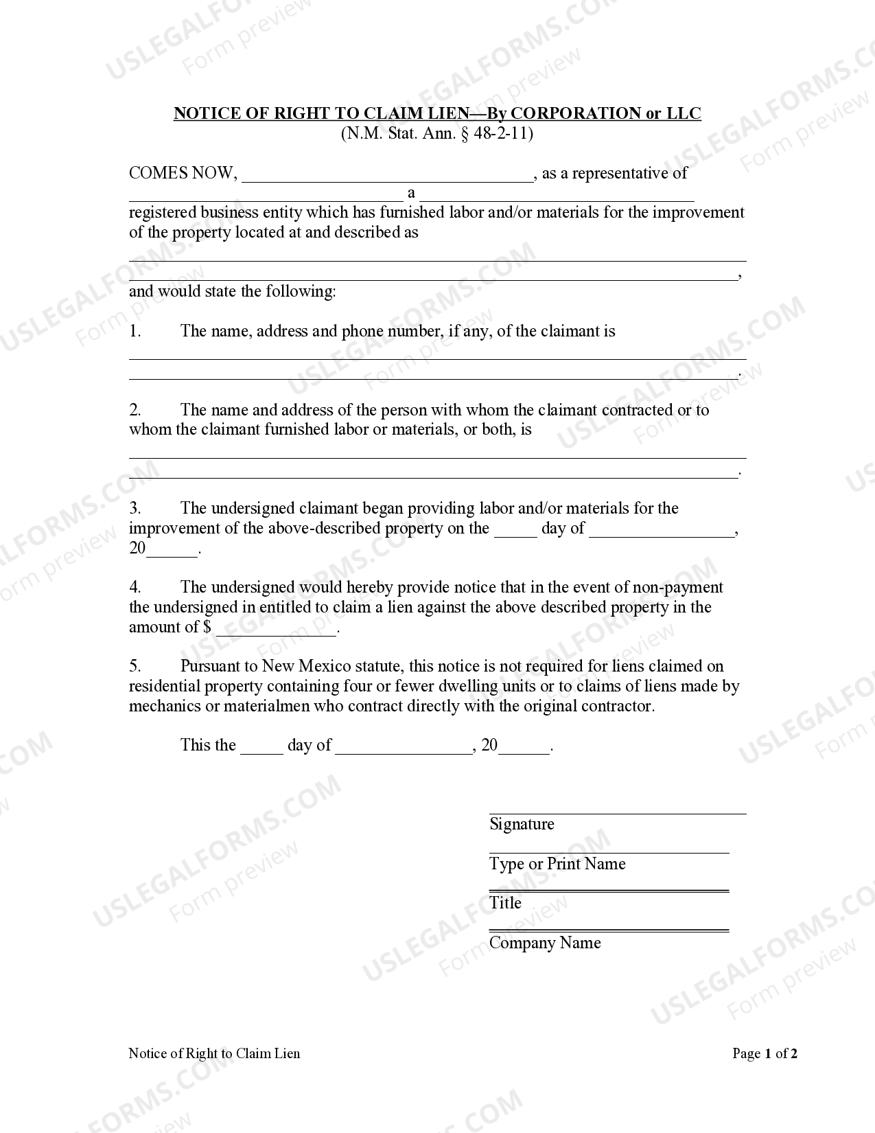 New Mexico Notice of Right to Claim Lien by Corporation or LLC US