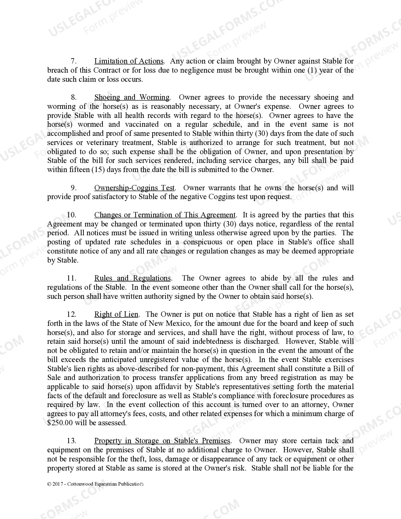 Preview Boarding Stable Agreement - Horse Equine Forms