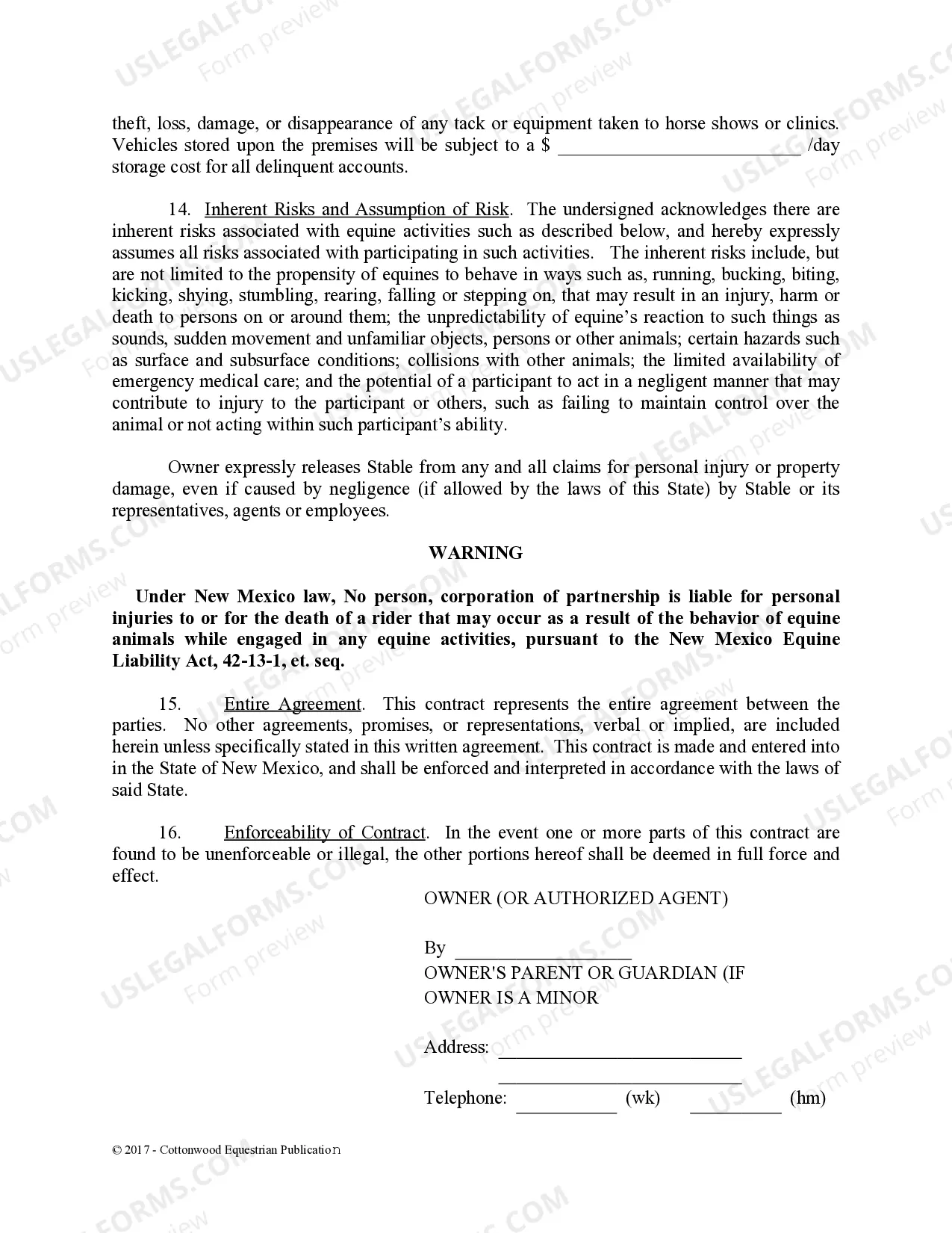 Preview Boarding Stable Agreement - Horse Equine Forms