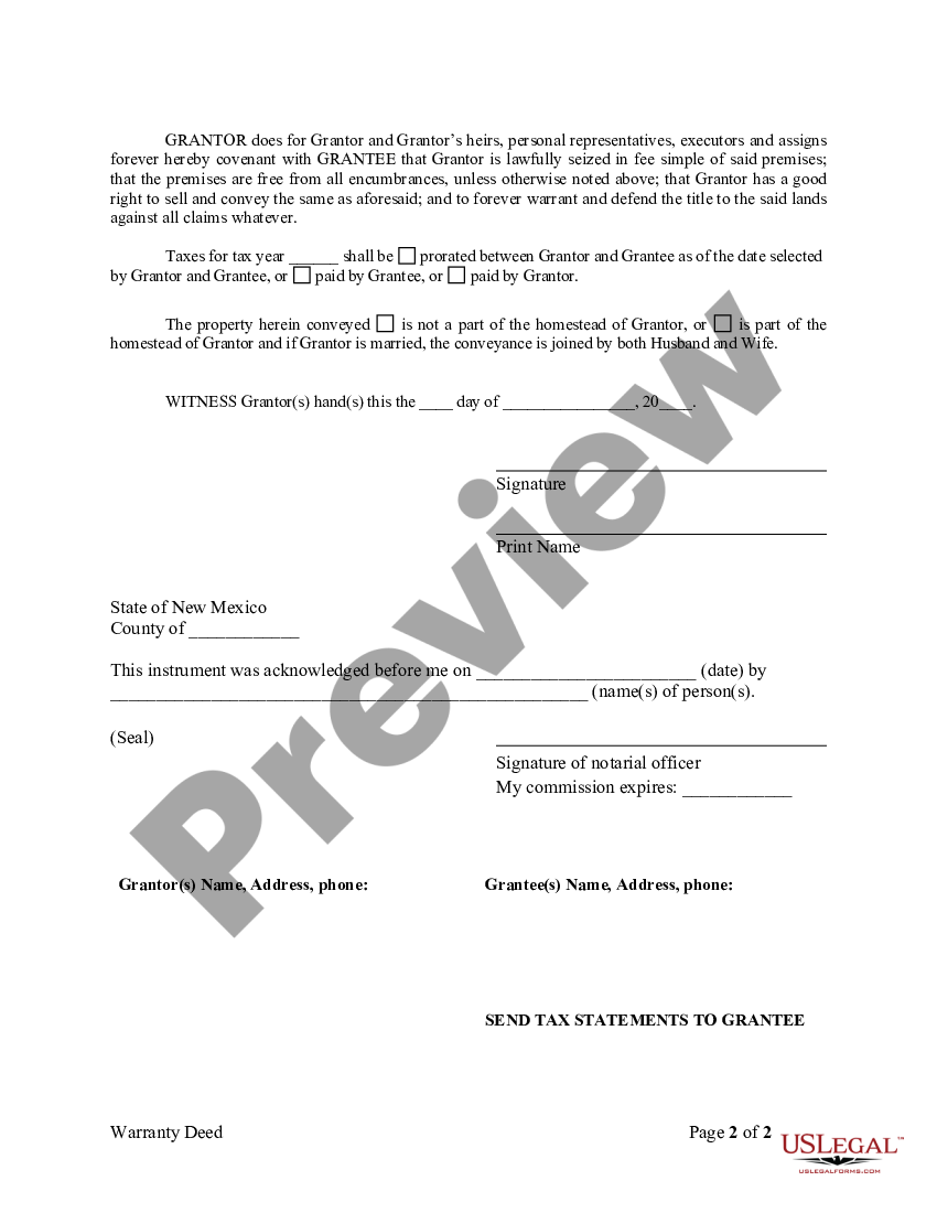 New Mexico Warranty Deed from Individual to Individual US Legal Forms