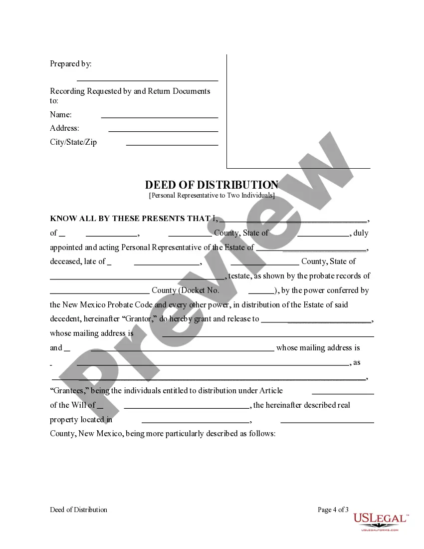 Preview Deed of Distribution - Personal Representative to Two Individuals