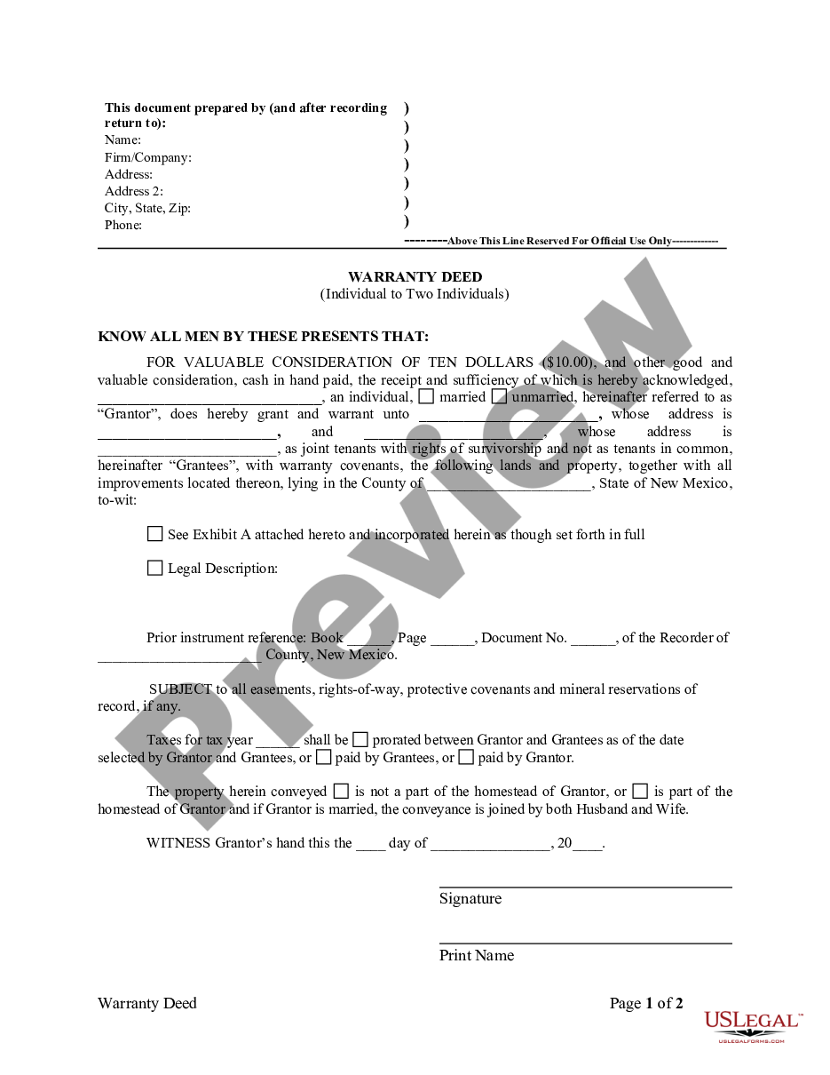 New Mexico Warranty Deed Deed Right Survivorship Form US Legal Forms