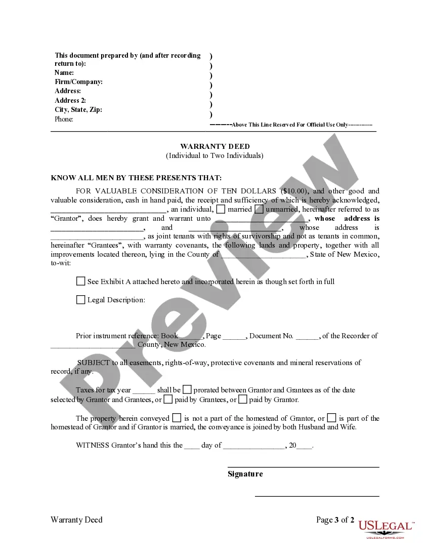 Preview Warranty Deed - Individual to Two Individuals as Joint Tenants with the Right of Survivorship