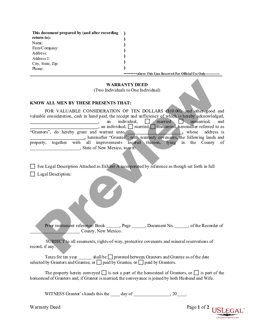 New Mexico Warranty Deed Two Individuals To One Individual New Mexico Warranty Deed Form 9948