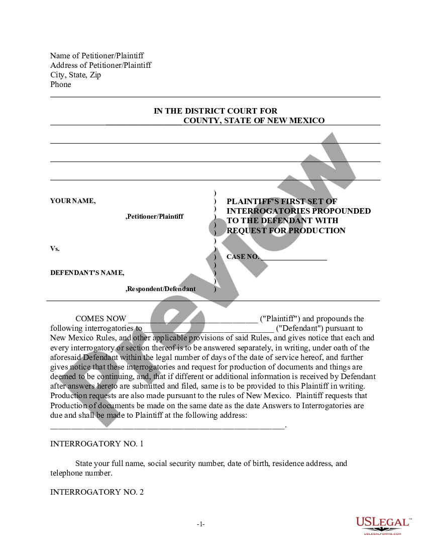 Las Cruces New Mexico Discovery Interrogatories From Plaintiff To