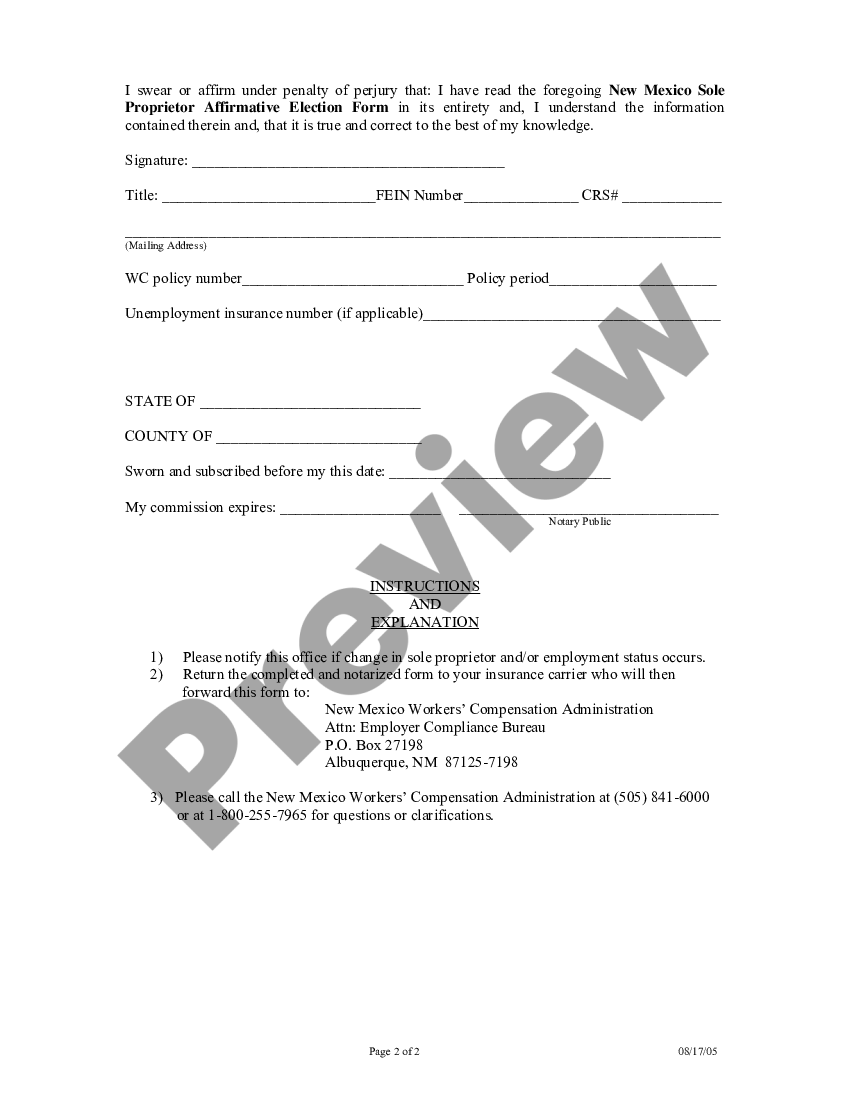 New Mexico Workers Compensation Sole Proprietor Affirmative Election Form Sole Proprietorship