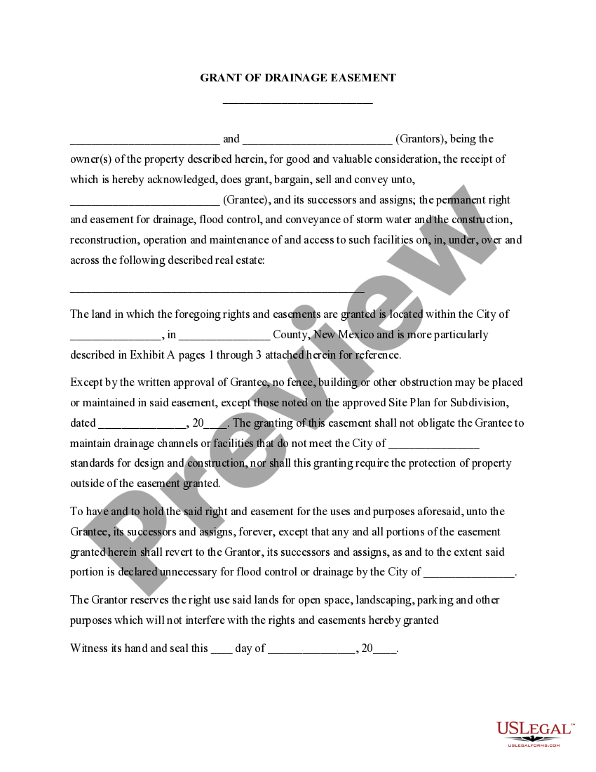 New Mexico Grant of Drainage Easement Nm Easement US Legal Forms