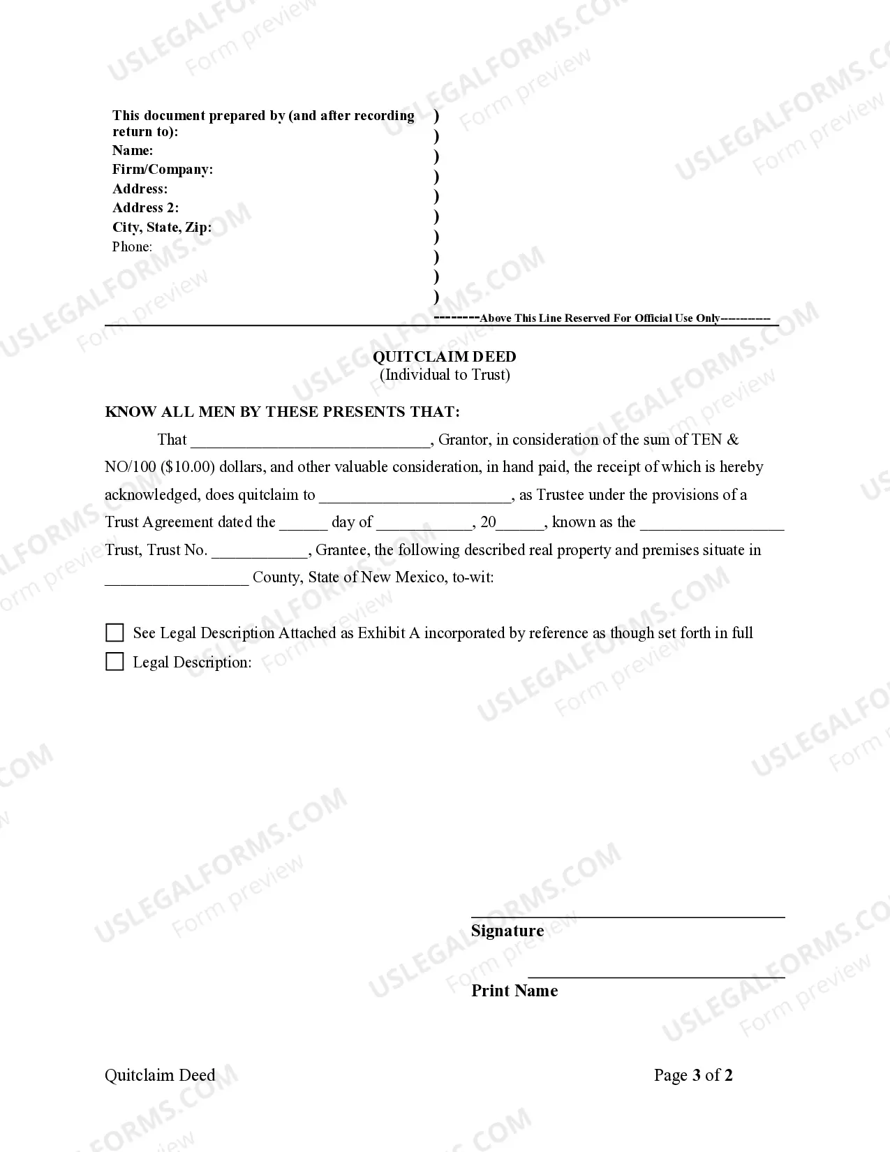 Preview Quitclaim Deed - Individual to a Trust