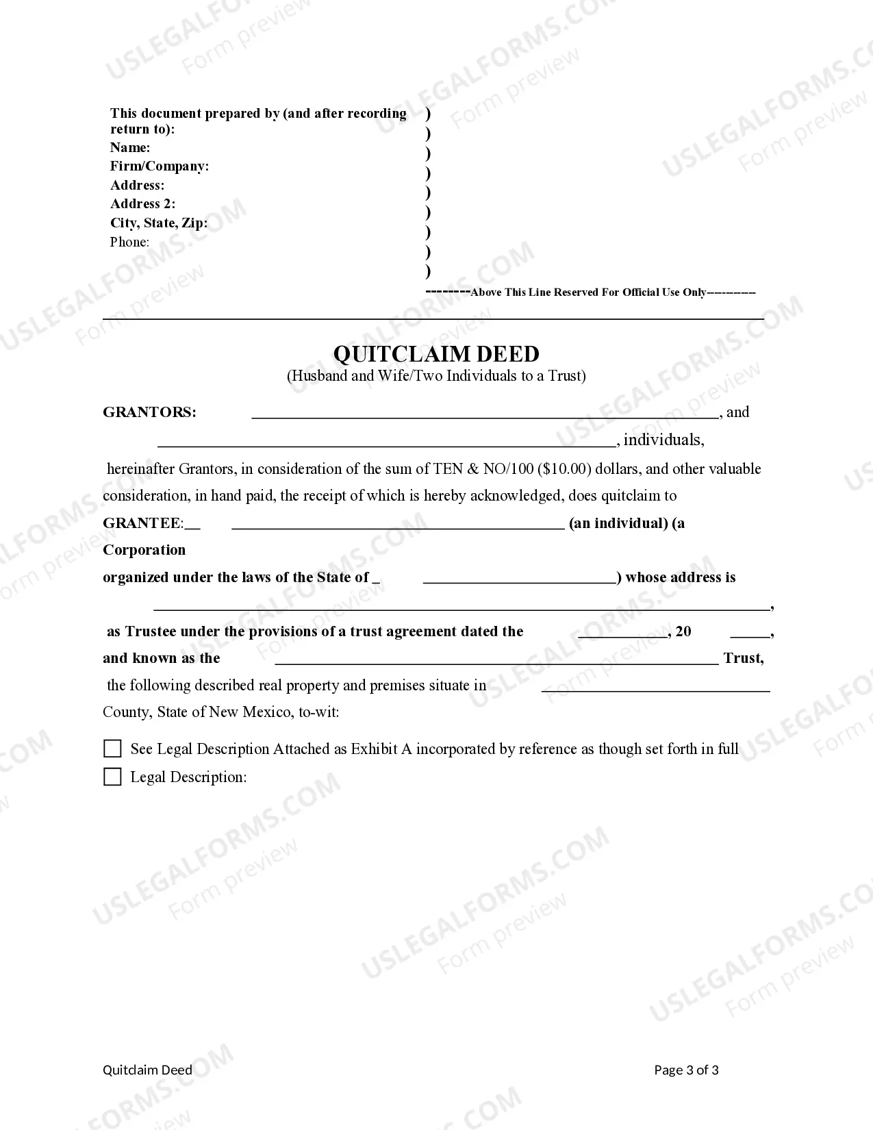 Preview Quitclaim Deed - Two Individuals / Husband and Wife to a Trust