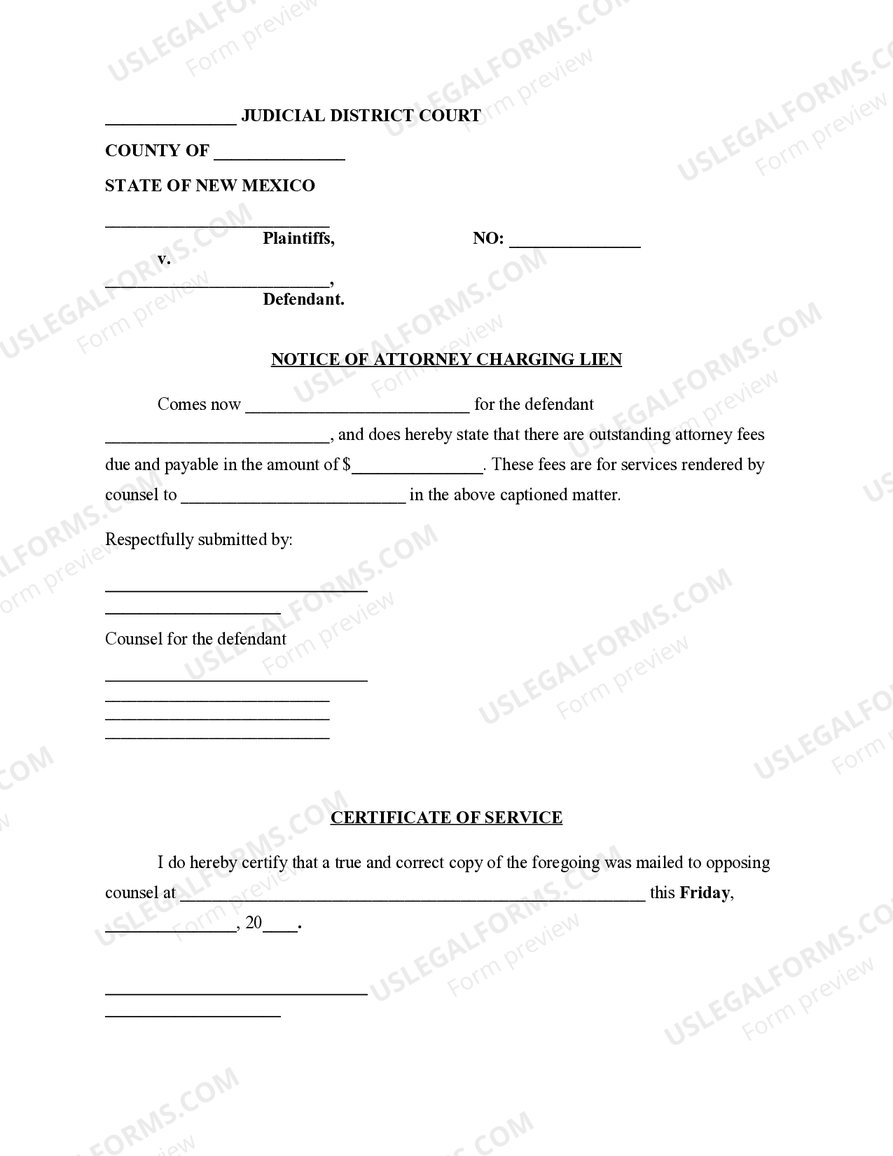 New Mexico Notice of Attorney Charging Lien US Legal Forms