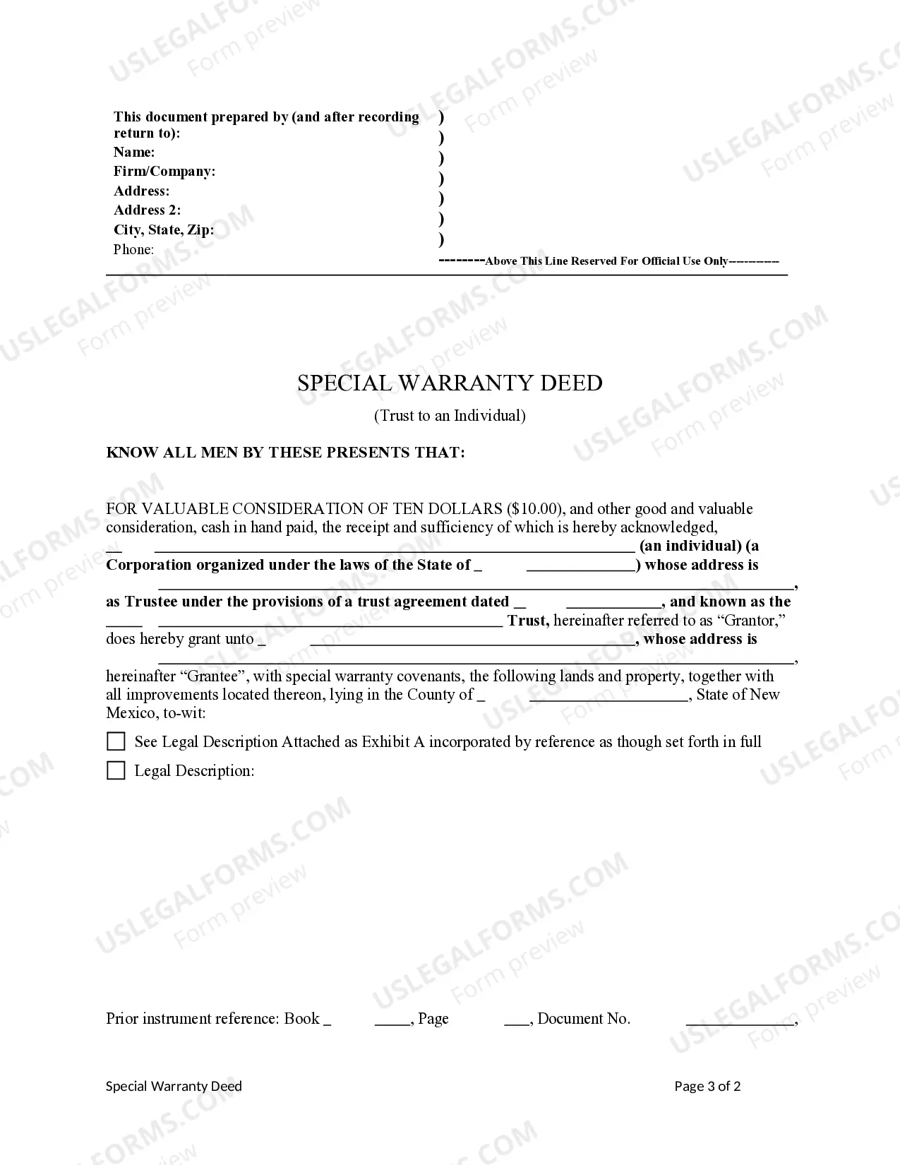 Preview Special Warranty Deed - Trust to an Individual