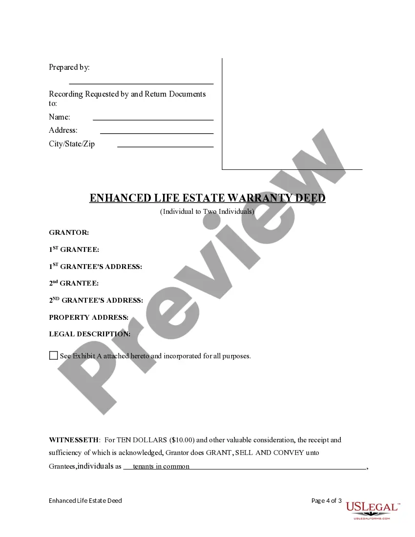 Preview Enhanced Life Estate or Lady Bird Warranty Deed from an Individual to Two Individuals