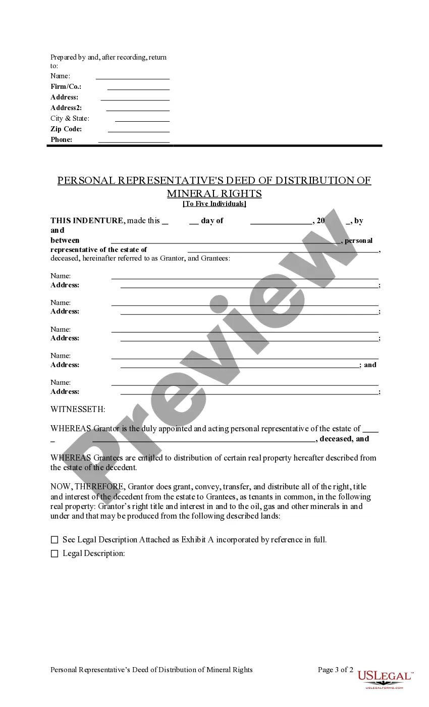 Preview Personal Representative's Deed of Distribution of Mineral Rights