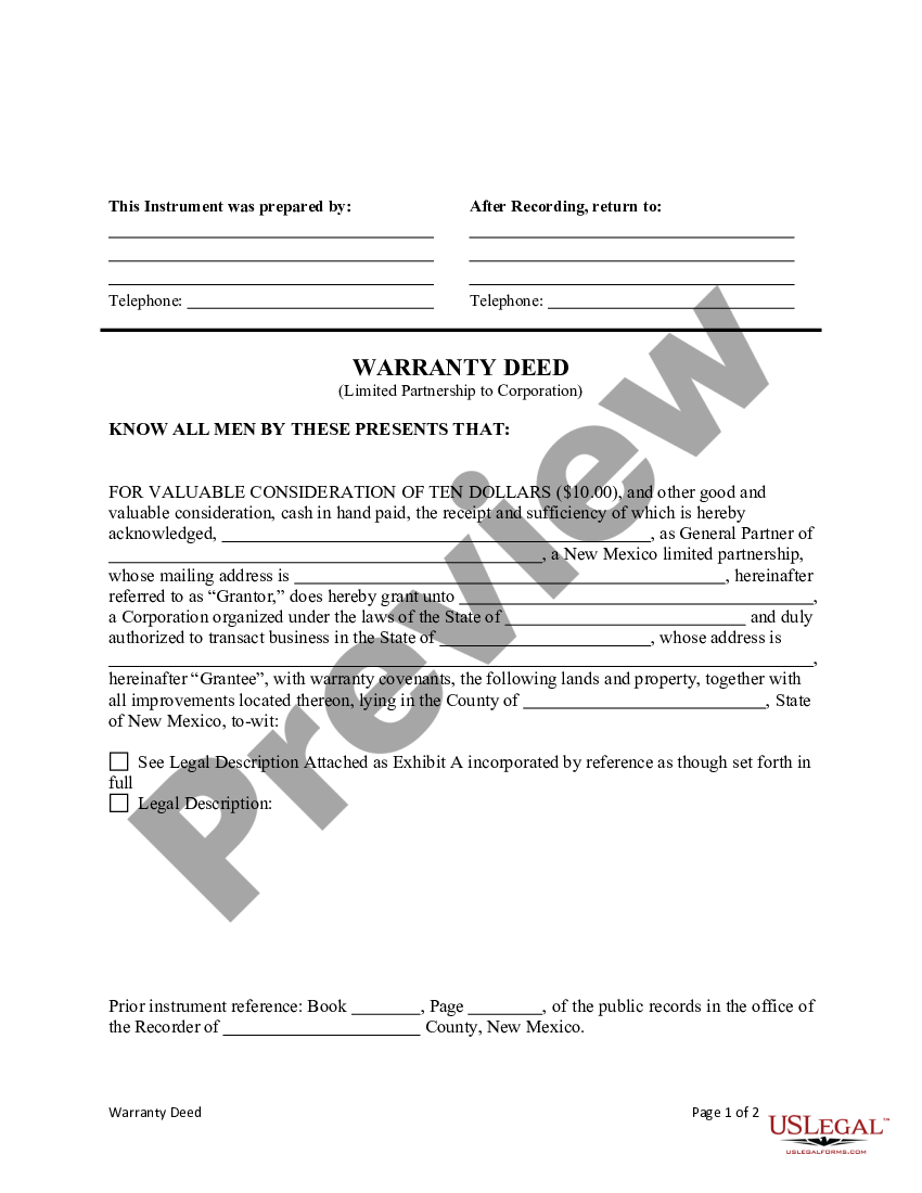 New Mexico Warranty Deed Limited Partnership To Corporation Us Legal Forms 6729