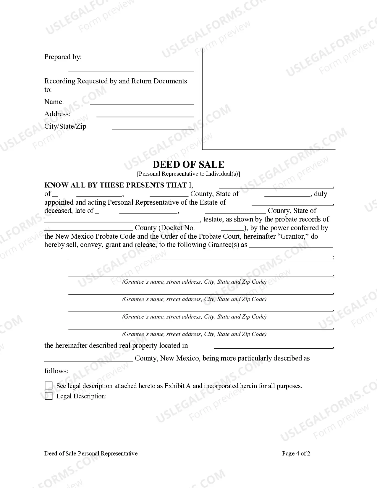 Preview Deed of Sale - Personal Representative to One or More Individuals