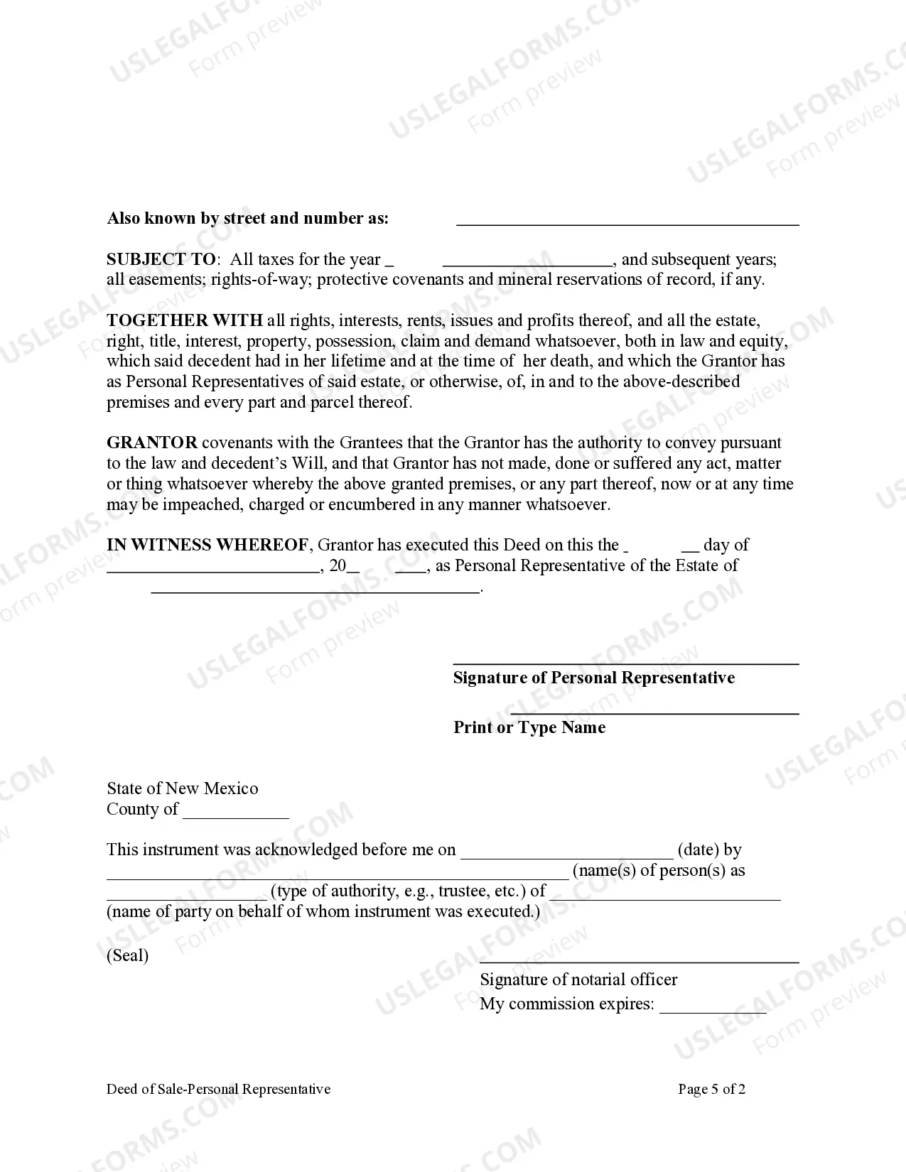 Preview Deed of Sale - Personal Representative to One or More Individuals