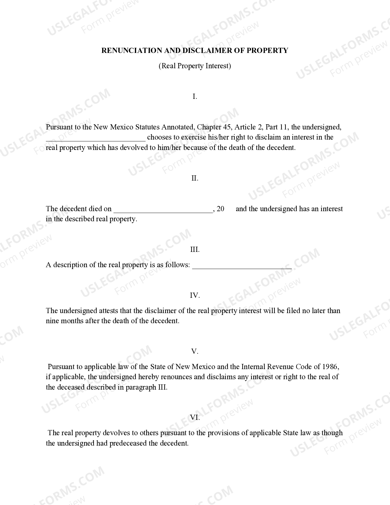 New Mexico Renunciation And Disclaimer of Real Property Interest Real