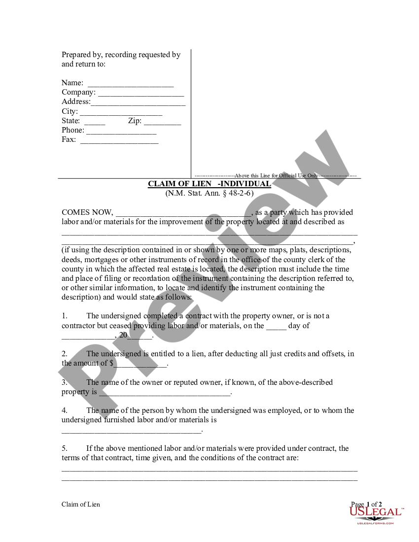 New Mexico Claim of Lien by Individual - Claim Lien | US Legal Forms