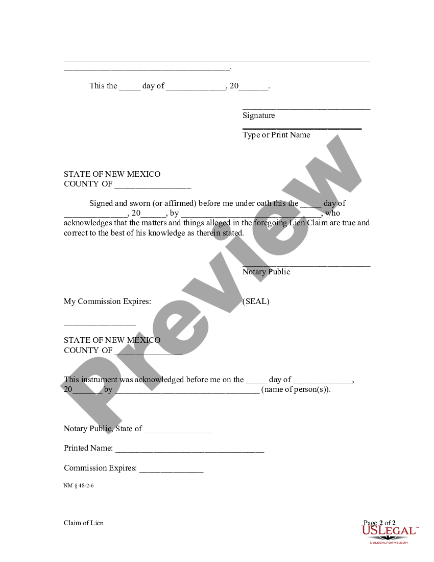 New Mexico Claim of Lien by Individual - Claim Lien | US Legal Forms