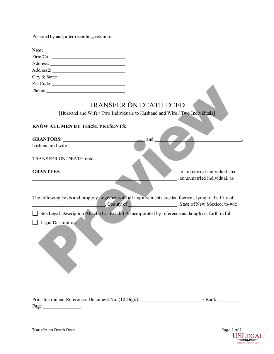 New Mexico Transfer On Death Deed From Two Individuals Husband And Wife To Two Individuals