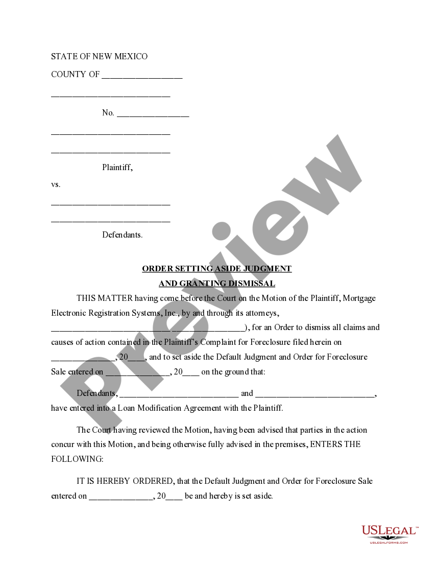 New Mexico Order Setting Aside Judgment and Granting Dismissal US