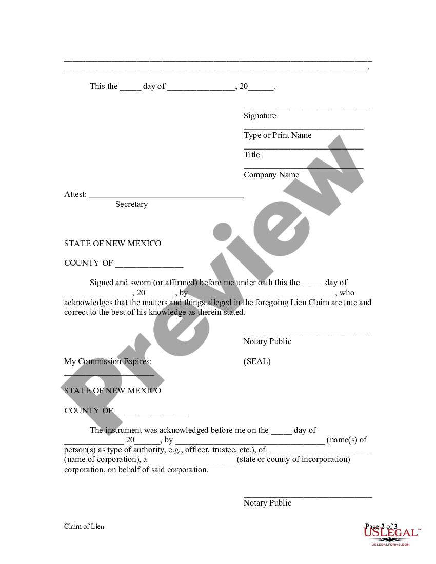 New Mexico Claim Of Lien By Corporation Or Llc - Nm Corporation 