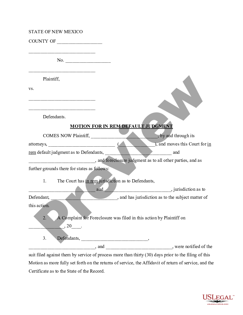 New Mexico Motion for In Rem Default Judgment | US Legal Forms