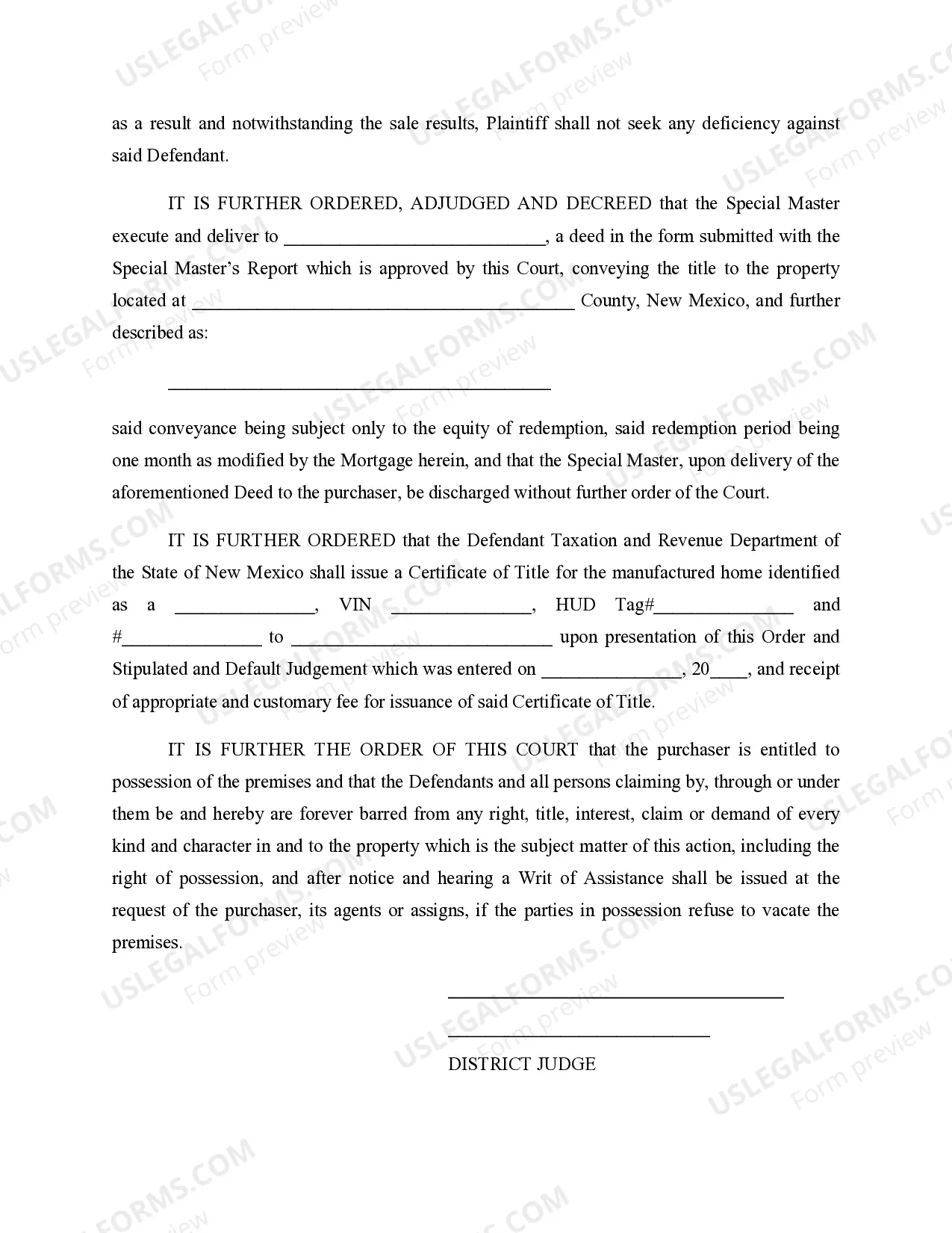 Preview Order Approving Sale and Special Master's Report and For Issuance of Certificate of Title to Manufactured Home