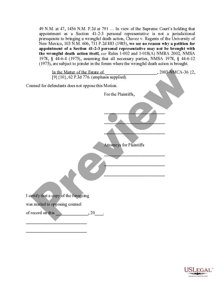 Preview Unopposed Motion for Appointment of Personal Representative Under the Wrongful Death Act