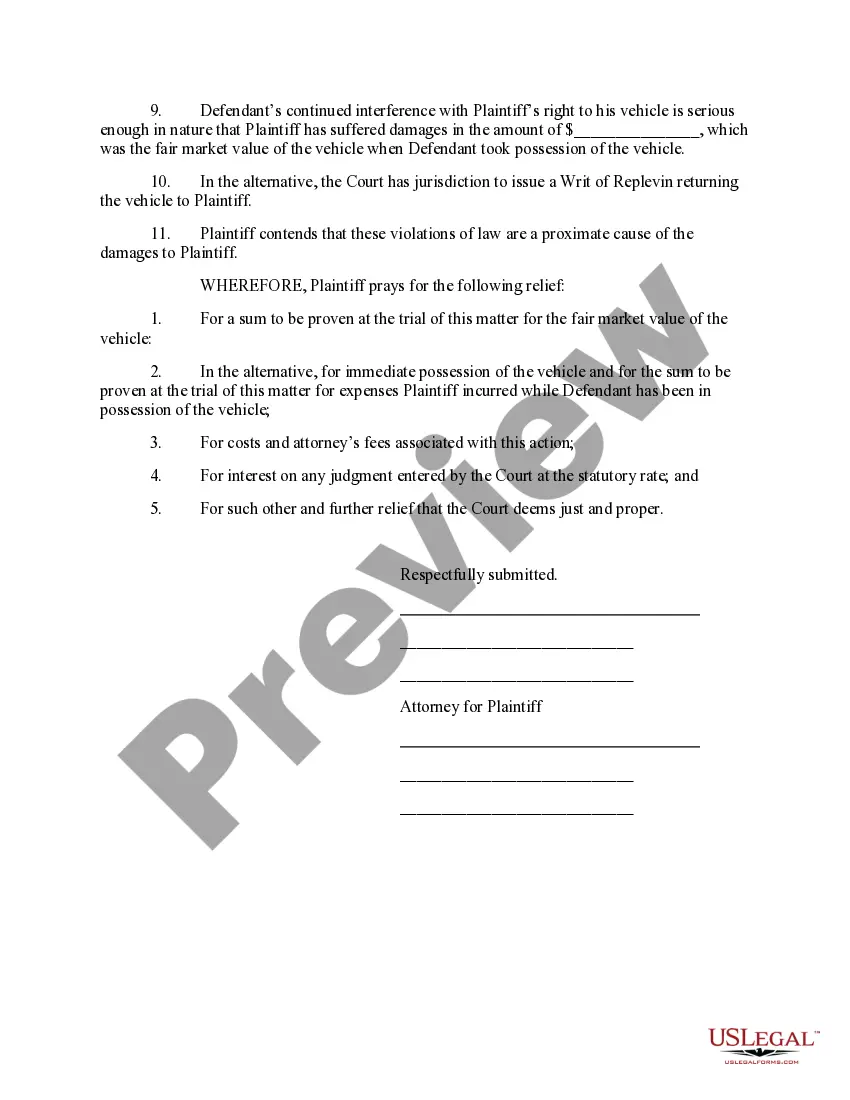 Preview Complaint for Conversion of Property or In the Alternative Replevin