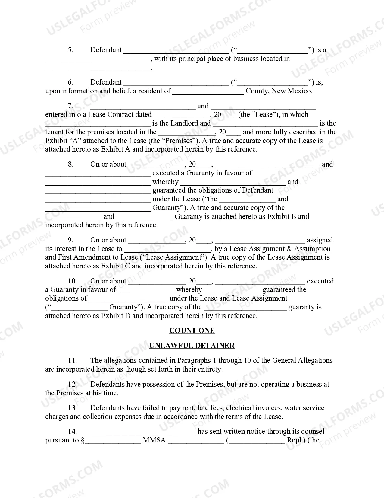 Preview Complaint for Unlawful Detainer for Breach of Lease and on Guaranty