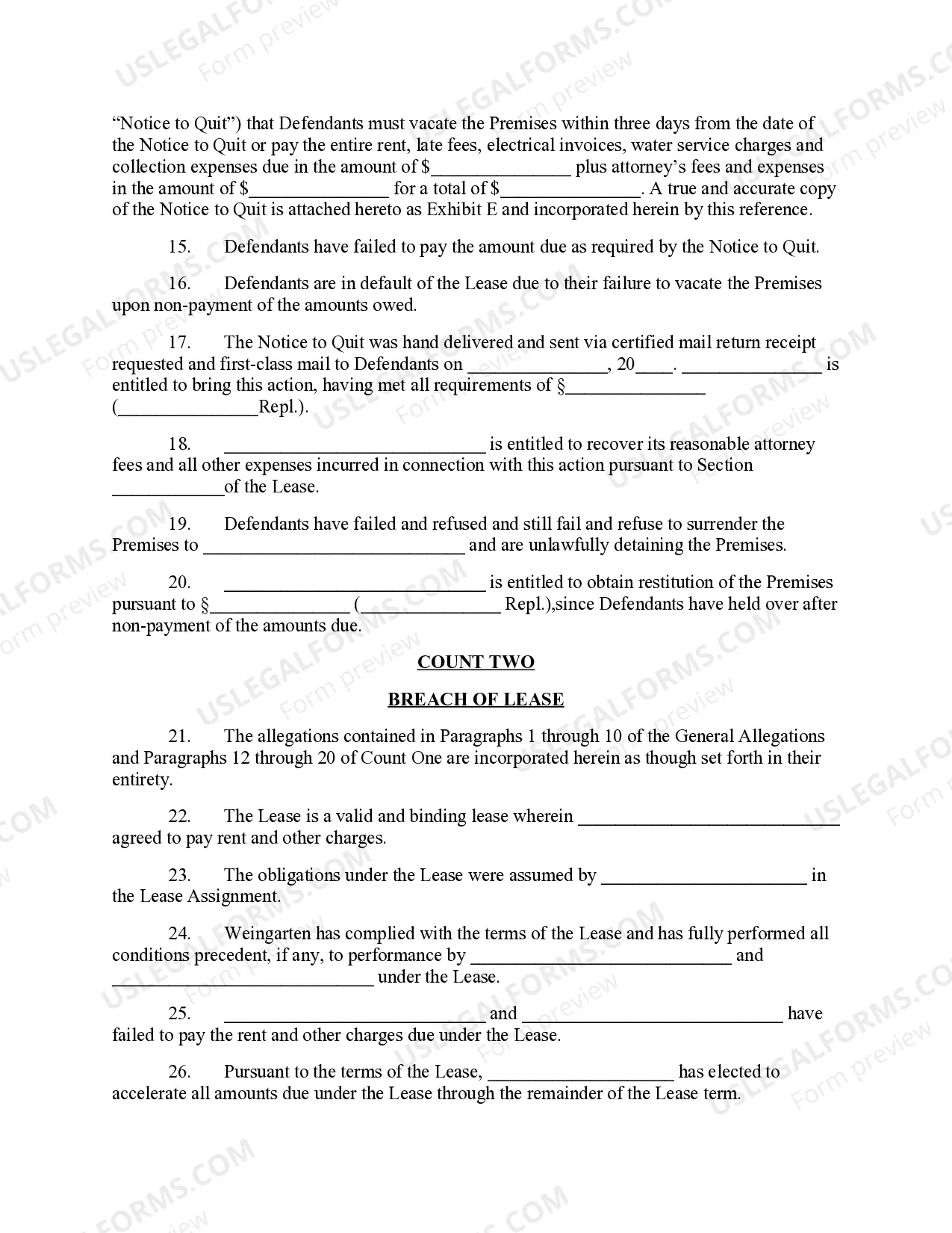 Preview Complaint for Unlawful Detainer for Breach of Lease and on Guaranty