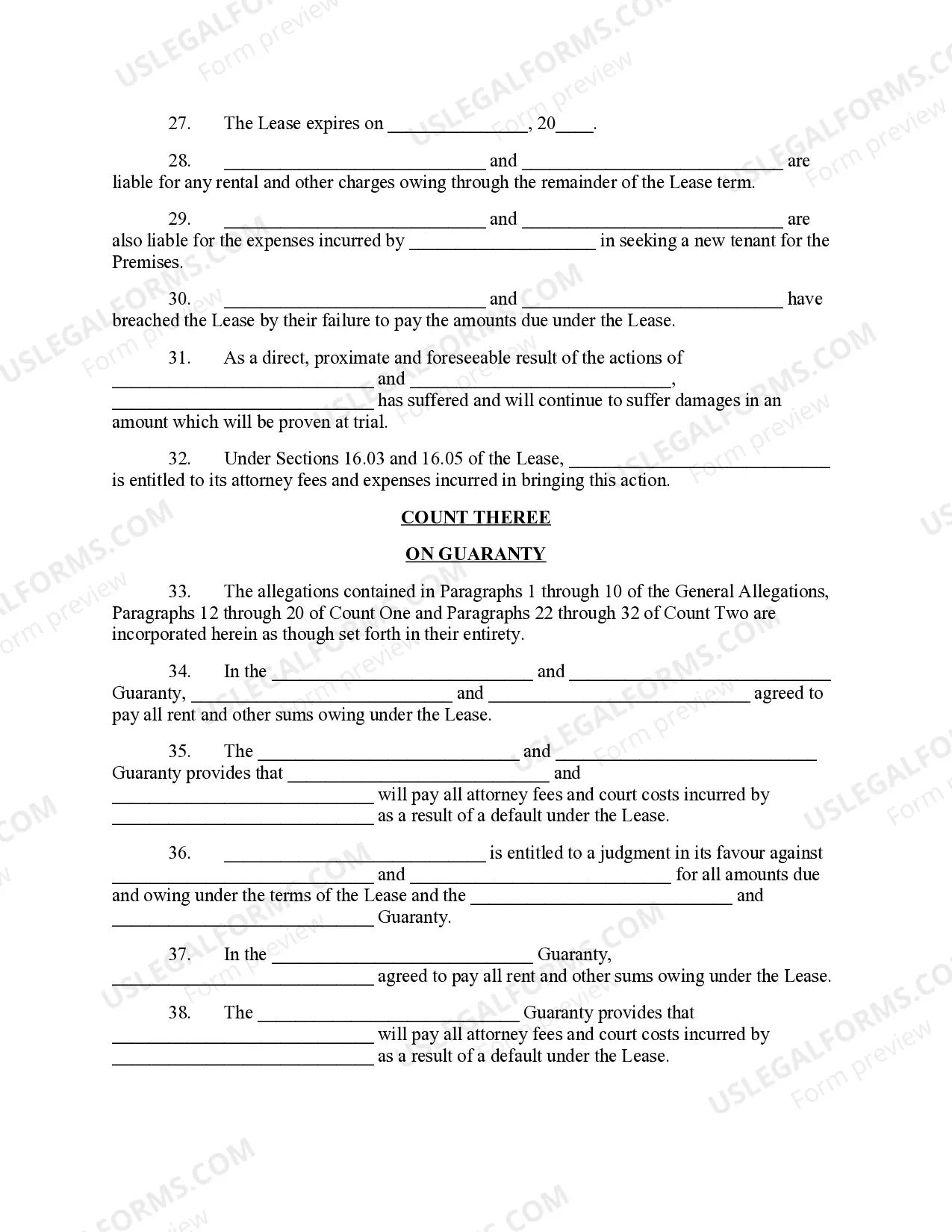 Preview Complaint for Unlawful Detainer for Breach of Lease and on Guaranty
