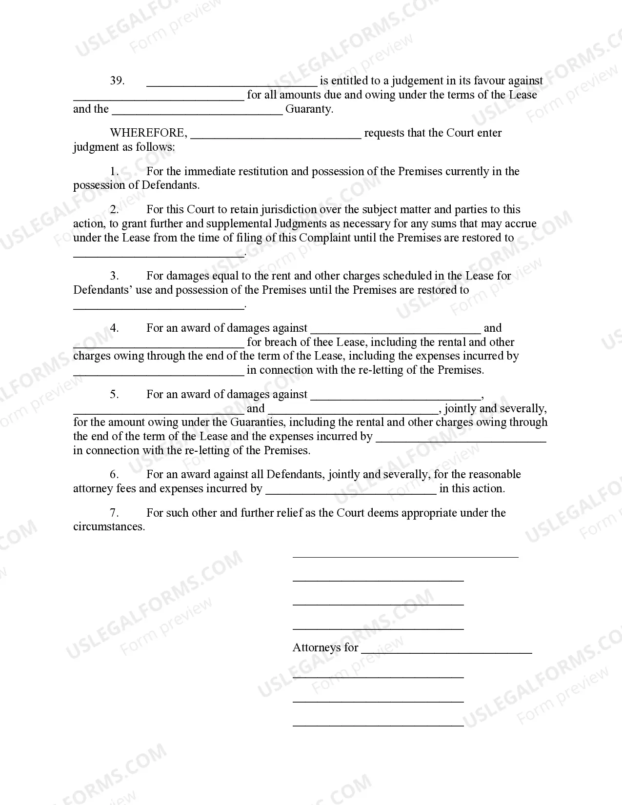 Preview Complaint for Unlawful Detainer for Breach of Lease and on Guaranty