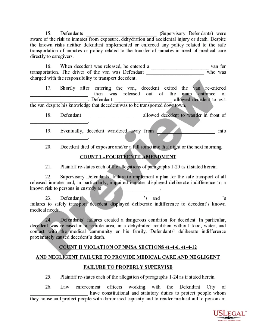 Preview Complaint under 42 U.S.C. Section 1983 and the New Mexico Tort Claims Act for Wrongful Death