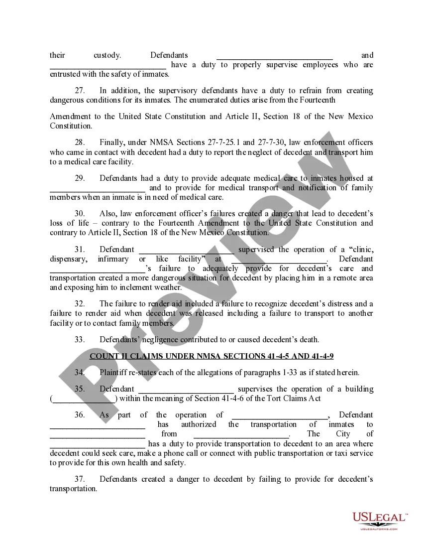 Preview Complaint under 42 U.S.C. Section 1983 and the New Mexico Tort Claims Act for Wrongful Death