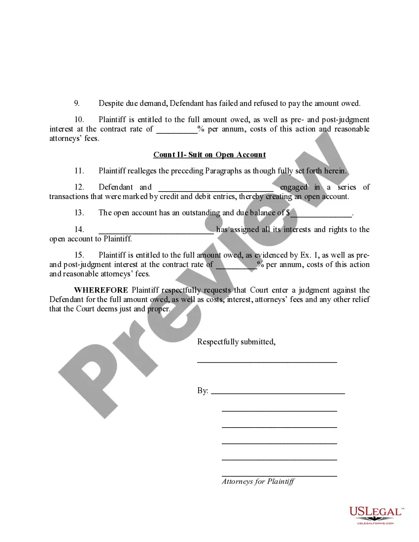 Get Complaint for Breach of Contract and Suit on Open Account Preview Complaint for Breach of Contract and Suit on Open Account