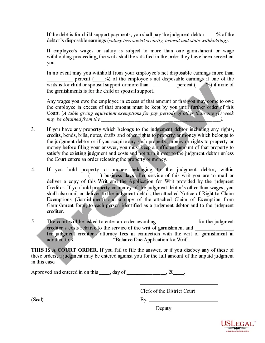Preview Writ of Garnishment