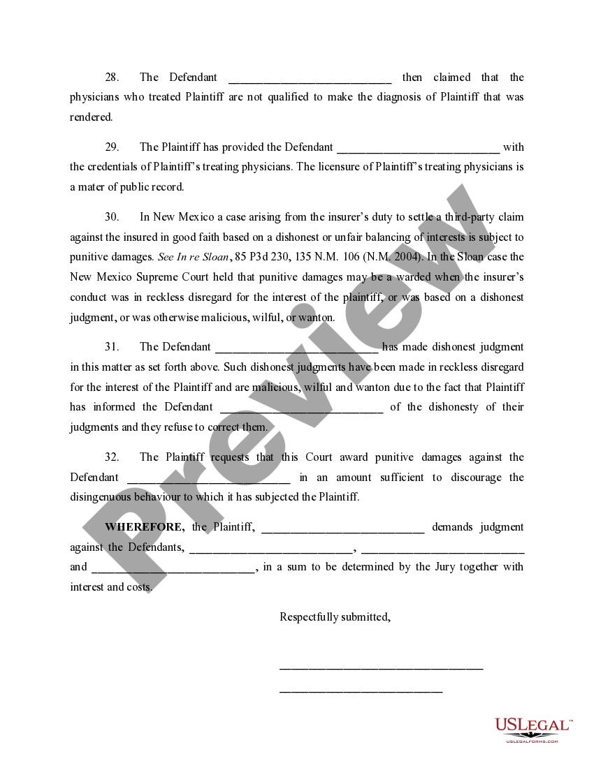 New Mexico Complaint for Personal Injury and Insurance Bad New Mexico Complaint for Personal Injury and Insurance Bad