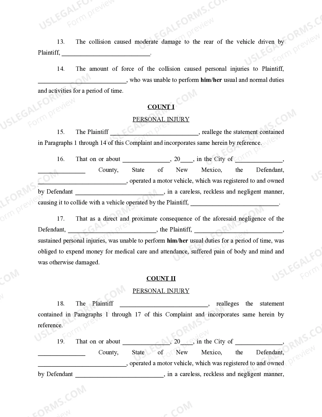 Preview Complaint for Personal Injury and Insurance Bad Faith