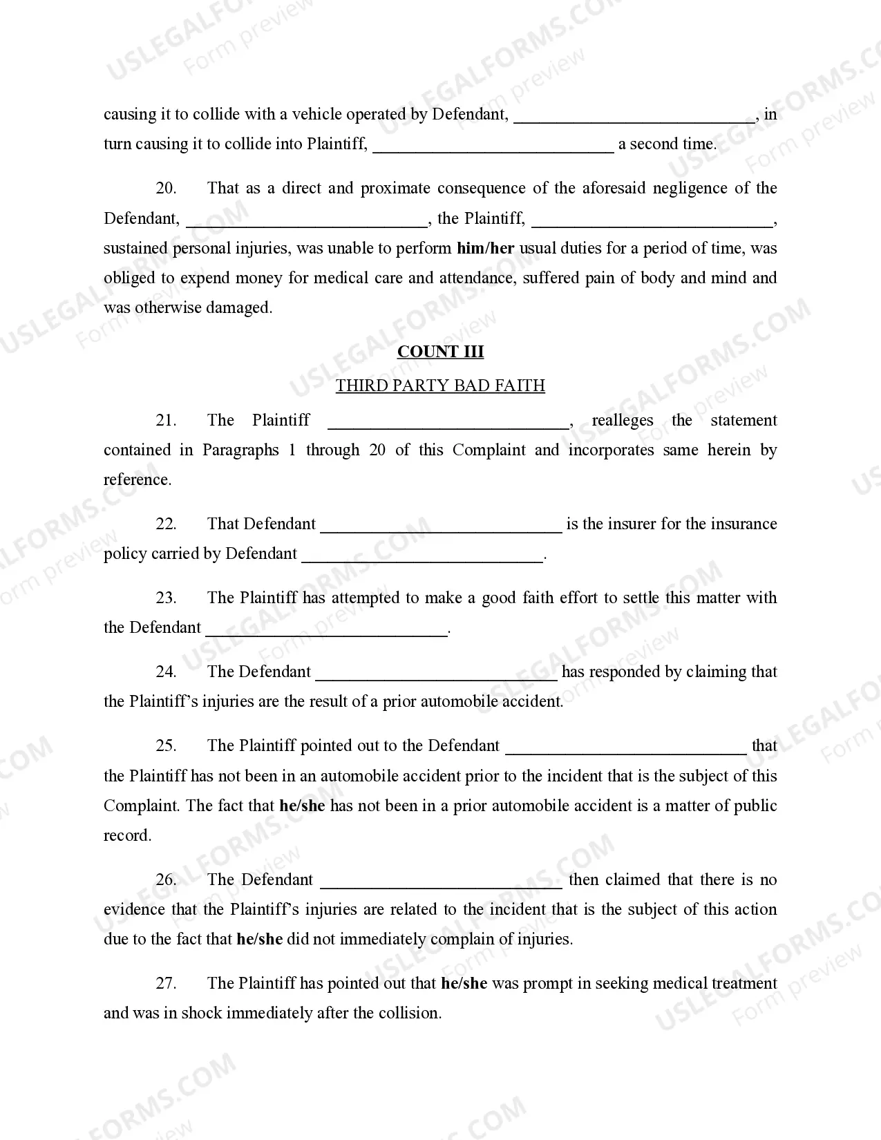 Preview Complaint for Personal Injury and Insurance Bad Faith