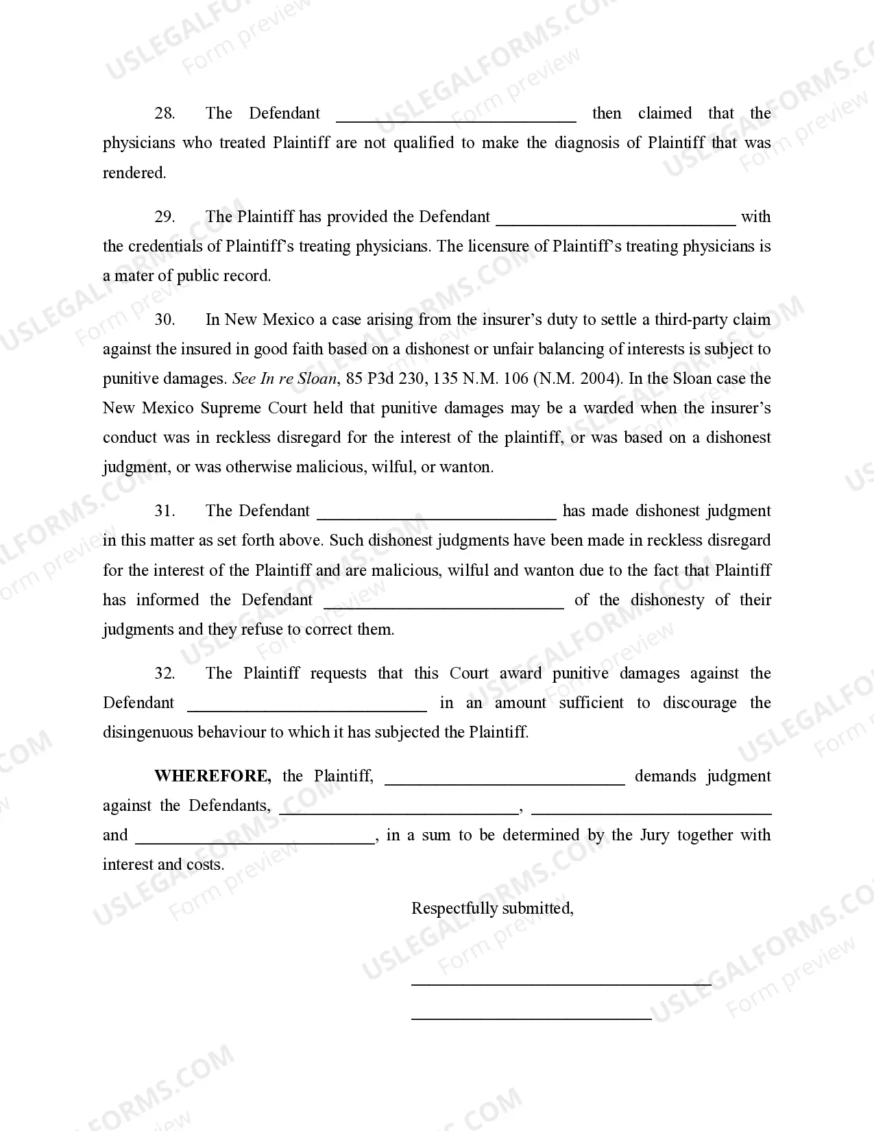 Preview Complaint for Personal Injury and Insurance Bad Faith